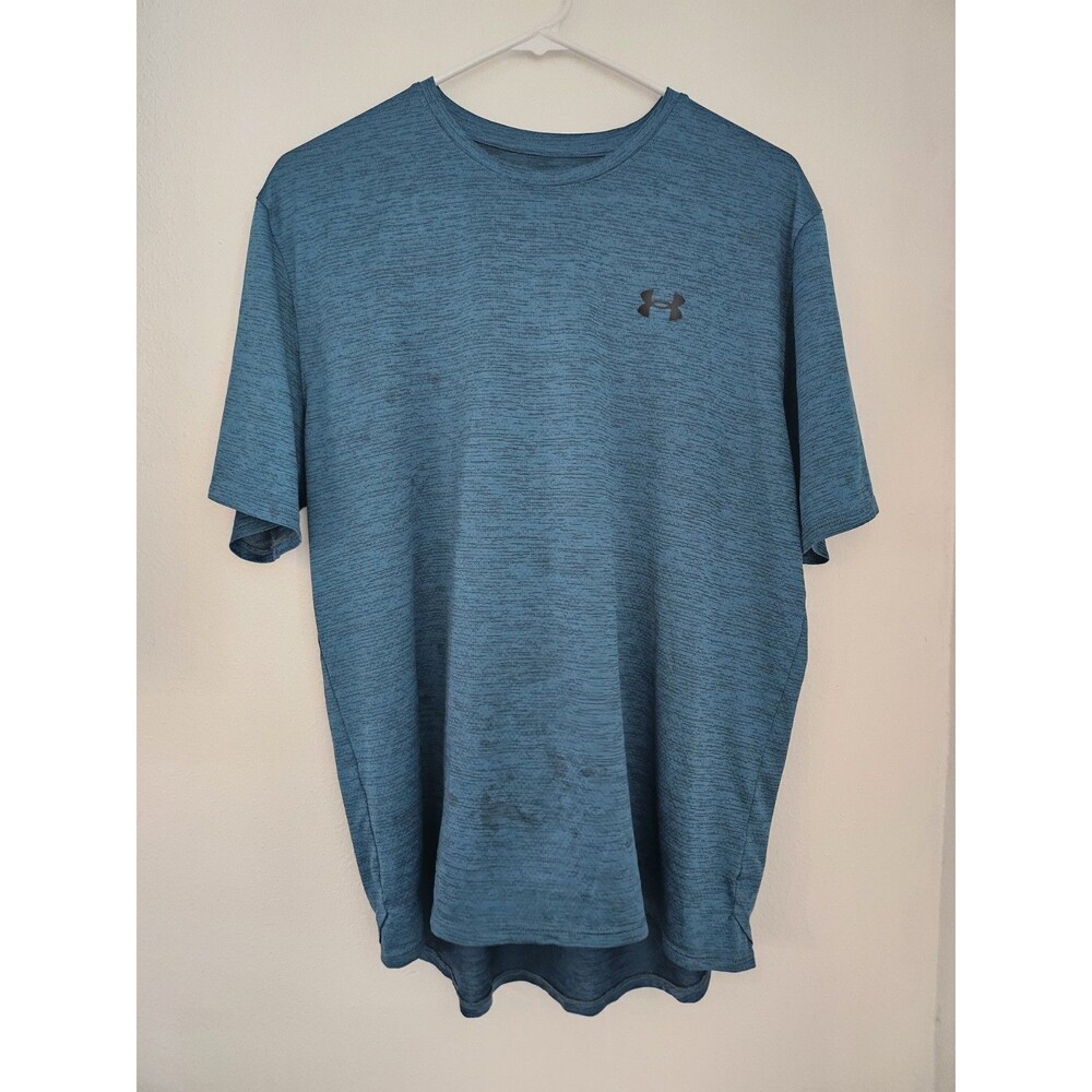Under Armour Mens Activewear Shirt Large Blue Short Sleeve Loose Fit Heatgear
